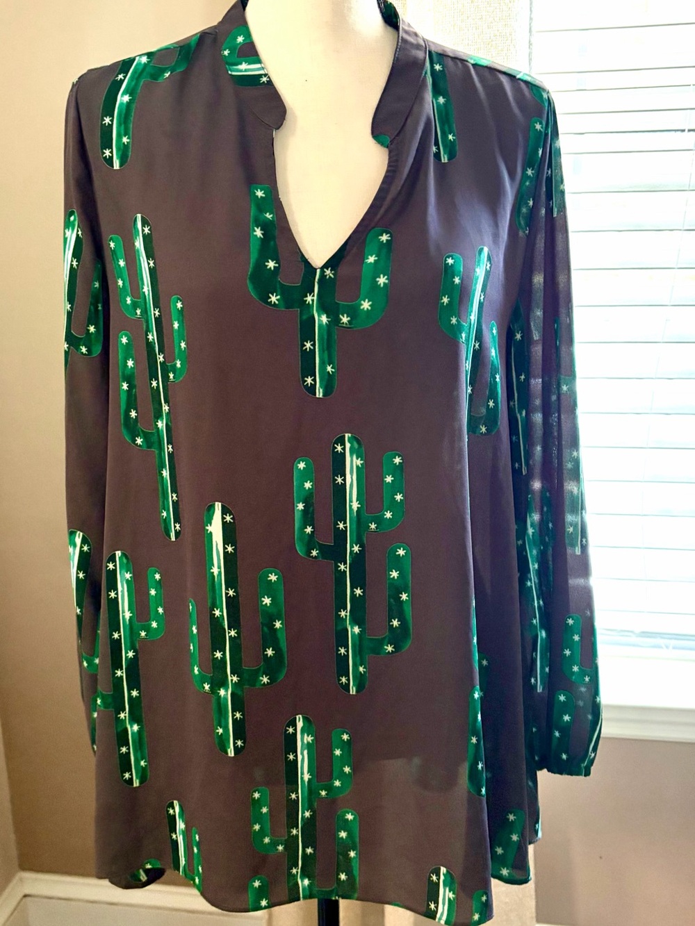 Izzy and Lola dark grey Tunic Top with Green Cactus Print